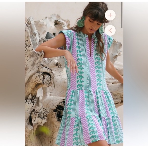 OlipHant Womens Babylon Mini Dress Size L Green Purple Cotton Roll Sleeve Preppy - Picture 6 of 13